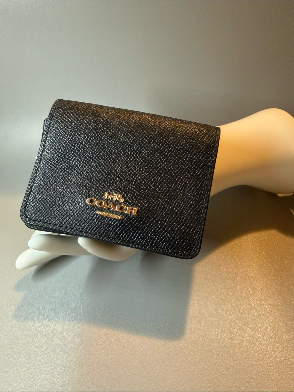 Coach Black Crossgrain Leather Chain Card Case Wallet Gold Chain 🖤